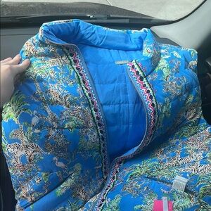 Vibrant Blue Quilted Jacket with Animal Print